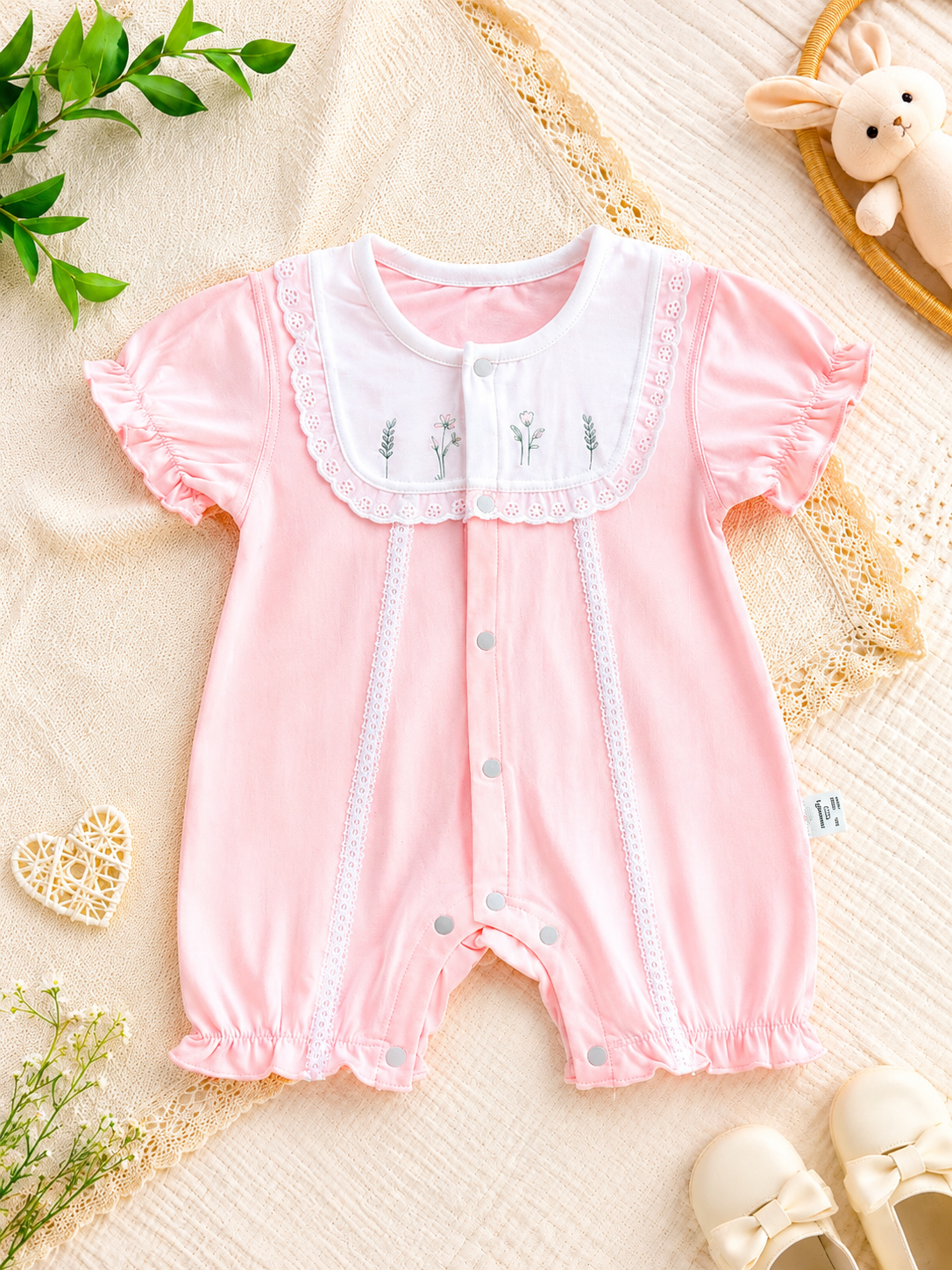 Pink with White Lace Romper