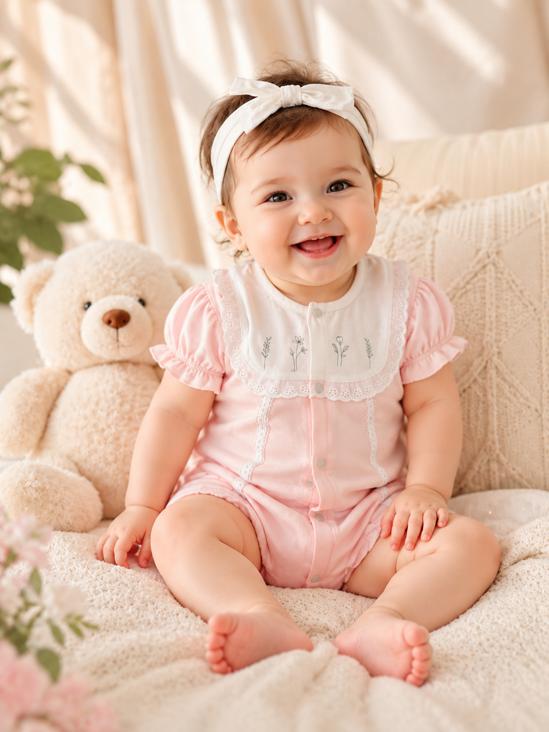 Pink with White Lace Romper