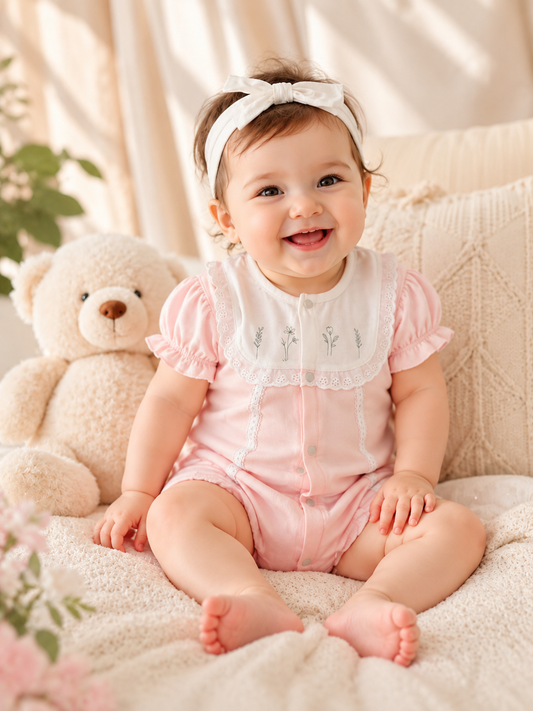 Pink with White Lace Romper