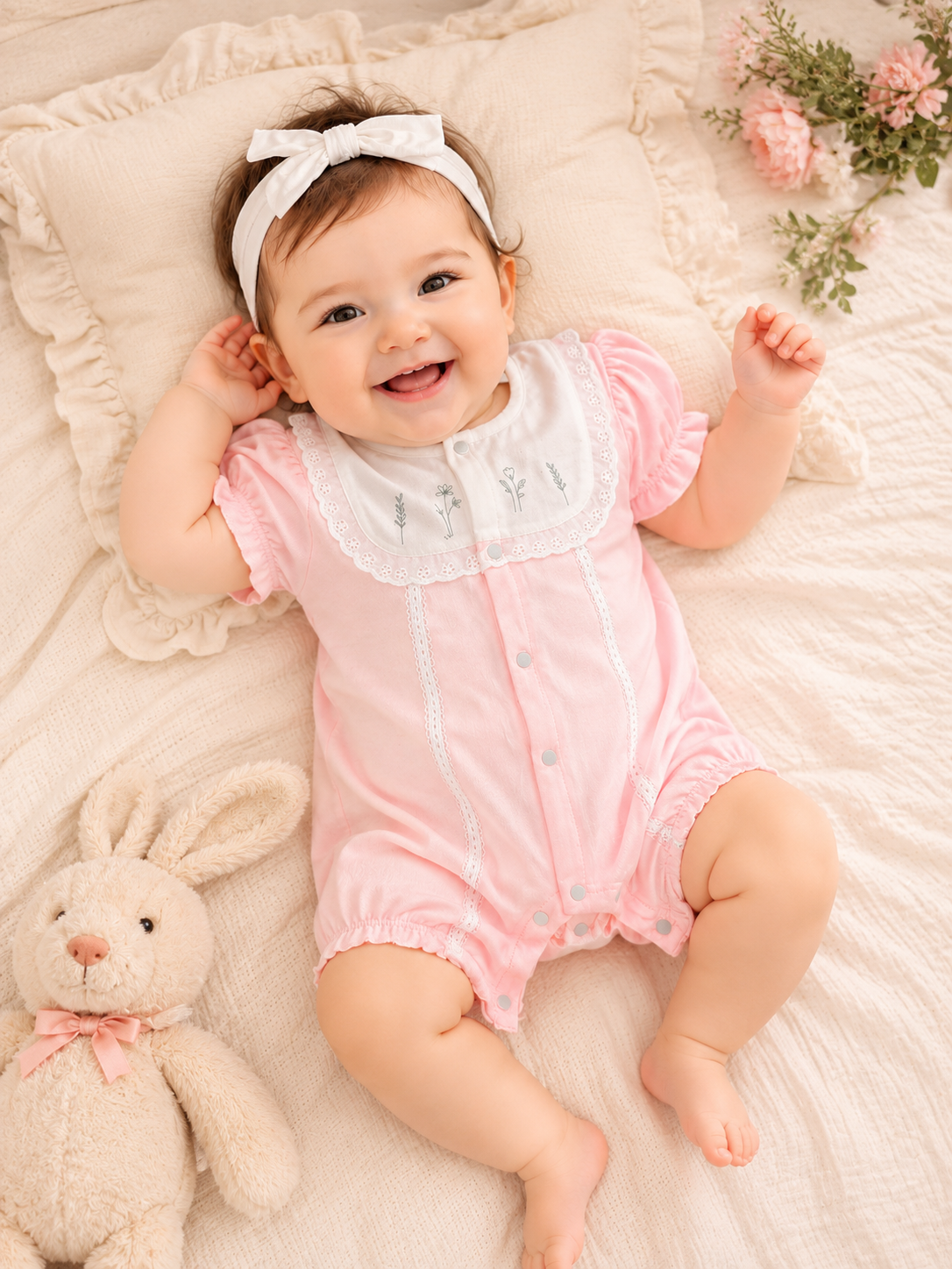 Pink with White Lace Romper